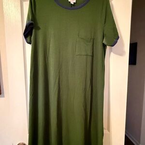 LulaRoe Olive Green with navy trim T-Shirt Dress with pocket